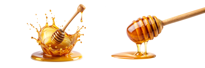 Set of wooden dippers with honey spill, splahes and drops