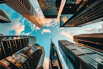 A photo looking up at the sky from street level, surrounded by tall buildings