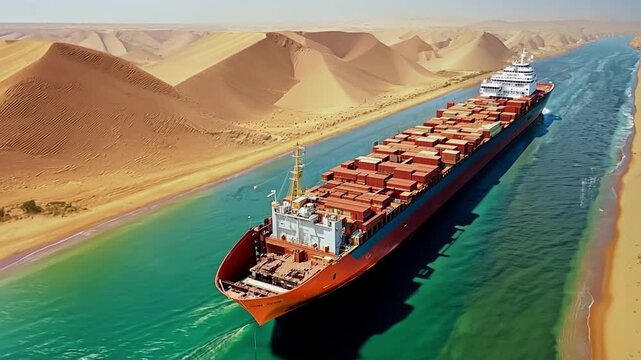 The cargo ship, laden with goods from distant lands, makes its way through the Suez Canal. Sunlight glints off the water as the vessel inches along, guided by skilled pilots past other passing ships.
