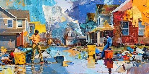 Fototapeta premium Abstract collage of houses, people, and garbage.