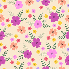 Seamless pattern with colorful flower blossom garden. Cute hand drawn floral pattern for your fabric, summer background, wallpaper, backdrop, textile.	

