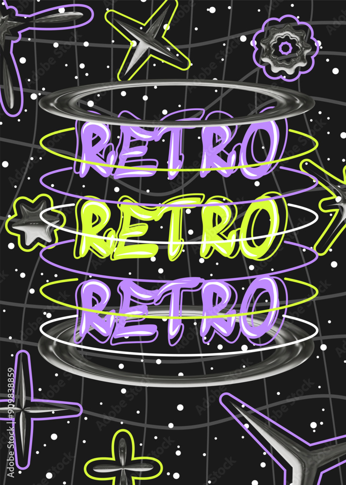 Aufkleber graffiti poster with 3d elements with chrome effect in y2k style. vector template of banner, post, c