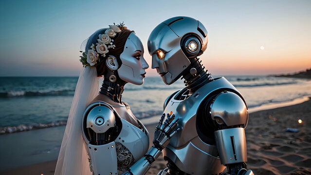 Marriage of robot couple. Robot bride is in wedding dress and looks at groom robot. Sunset beach background