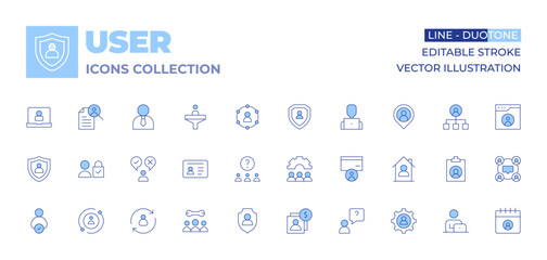 User icons collection. Line Duotone style, editable stroke. user protection, technical support, changes, choose, user, investor, driver license, job search, laptop, filter