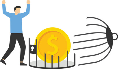 Financial freedom. Dollar coin is free from restrictions, sanctions and bans. Flat vector illustration.

