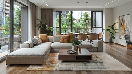 Modern Living Room With Natural Light and Cozy Decor in Urban Apartment Setting