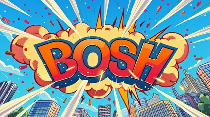 Obraz premium A comic book style Bosh explosion with colorful energy rays and artwork in pop art style. Visual dynamism of modern comic book icon for punch word. Comic smoke