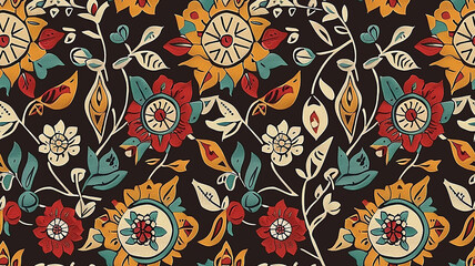 Naklejka premium Seamless Vintage Floral Pattern with Peach Flowers and Blue Leaves on Cream Background