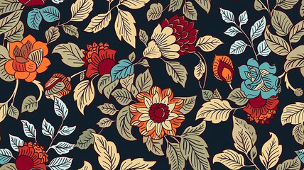 Seamless Vintage Floral Pattern with Peach Flowers and Blue Leaves on Cream Background