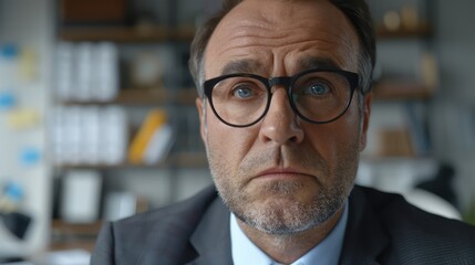 Fototapeta premium Frustrated Businessman in Suit Feeling Stressed and Overwhelmed in the Workplace, Corporate Tension, Pressure, and Burnout