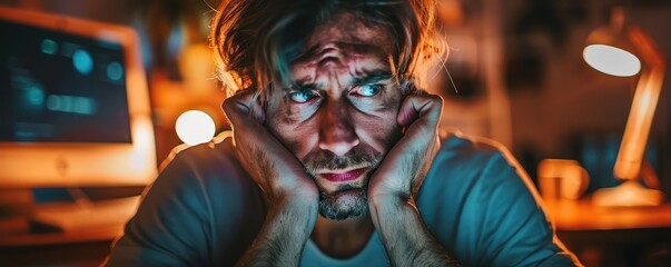 Frustrated Man Staring at Computer Screen, Feeling Overwhelmed by Technology, Digital Stress and Exhaustion, Man Struggling with PC Issues, Tech Problems, Online Frustration, Stressed Out From Work