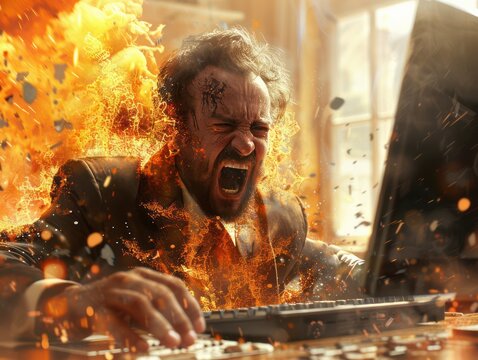 Frustrated Man on Fire Screaming at Computer, Tech Stress, Digital Rage, Computer Frustration, Burning with Anger, PC Problems, Technology Issues, Digital Burnout, Tech Support Nightmare, Tech