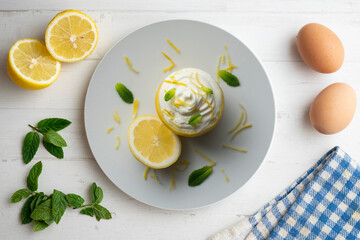 Delicious dessert of lemon mousse with cream.
