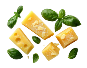 Parmesan cheese pieces with basil leaves isolated on white background. transparent PNG