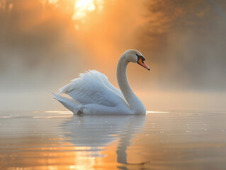 Obraz premium Graceful Swan Gliding Across Calm Water at Sunrise in a Misty Environment