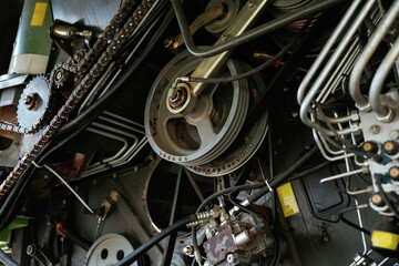Close-up view of complex industrial machinery and equipment