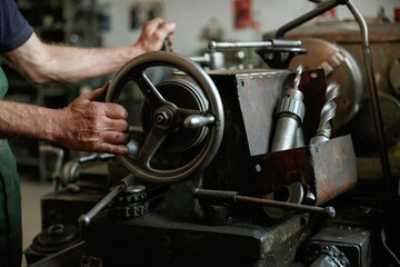 Close-up of worker's hands operating industrial machinery in workshop