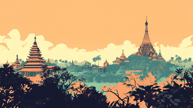 Risograph stencilled riso print travel poster, card, wallpaper or banner illustration, modern, isolated, clear, simple of Bago, Myanmar