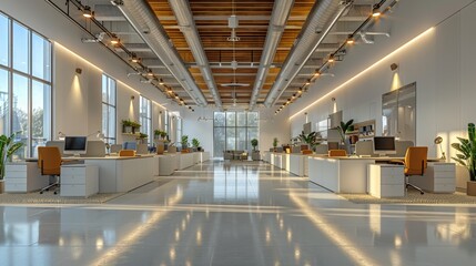 Modern Office Interior Design Showcasing Spacious Workstations and Natural Light in Urban Environment