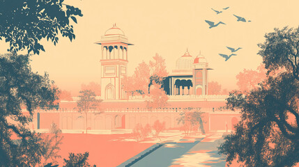 Risograph colorful riso print travel poster, card, wallpaper or banner illustration, modern, isolated, clear, simple of Bahawalpur, Pakistan. Artistic, screen printing, stencil