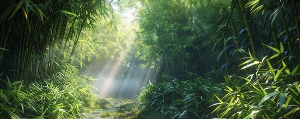 Tranquil bamboo grove with filtered sunlight, 4K hyperrealistic photo