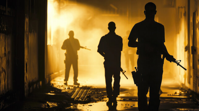 Transnational organized crime, gang, silhouettes of men armed with automatic rifles.