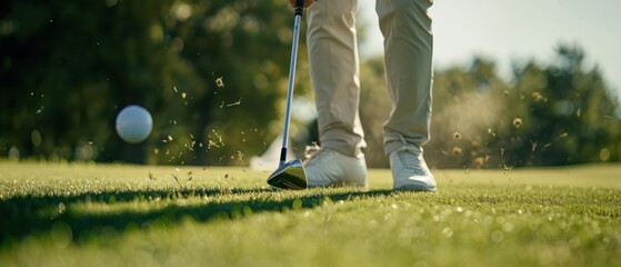 A close-up view of a golf follow-through during a swing, with the club in motion and the ball flying off