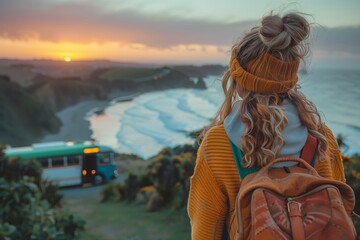 Fototapeta premium Woman Enjoys Beautiful Sunset Over Ocean While Standing on Scenic Overlook With Backpack