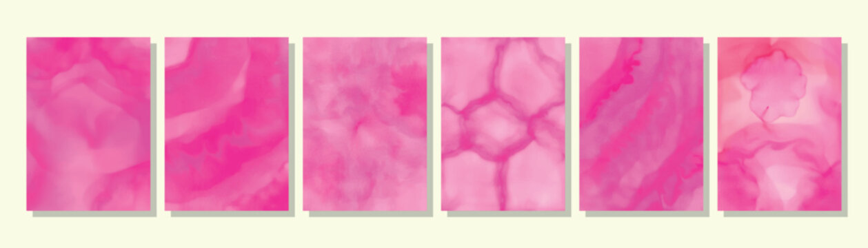 Set of abstract watercolor pink backgrounds with splashes. Set of watercolor covers. Watercolor splatter colorful posters. 