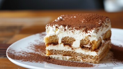 Enjoy a rich slice of classic Italian tiramisu layered with coffee-soaked biscuits and creamy mascarpone, delicately dusted with cocoa