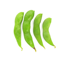 Raw green edamame pods isolated on white, top view