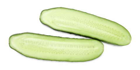 Halves of fresh cut cucumber isolated on white, top view