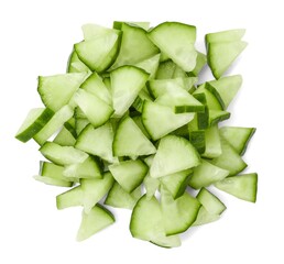 Fresh cut cucumber isolated on white, top view