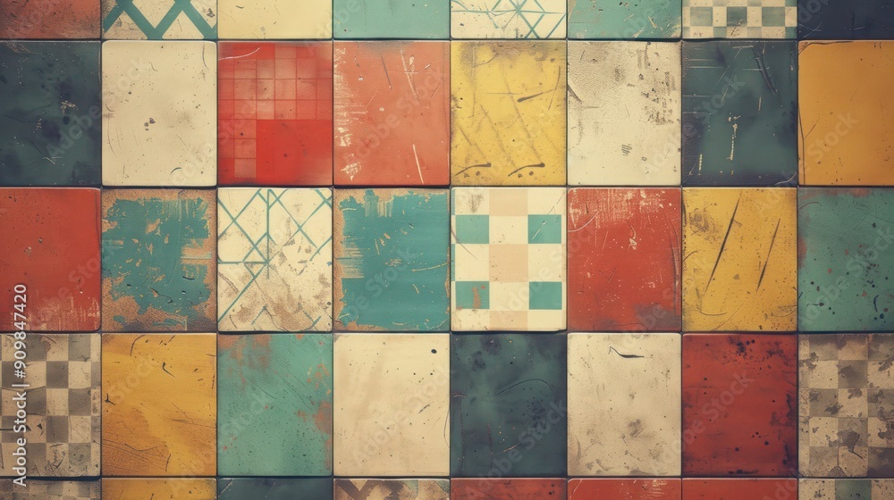 Poster vintage graphic design background with retro patterns and muted color palette.