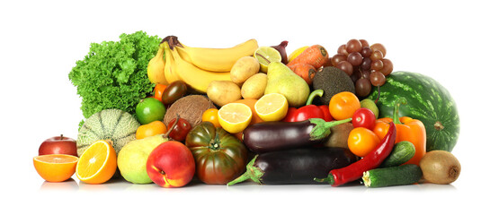 Many different fruits and vegetables isolated on white