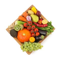 Different fresh fruits and vegetables in basket isolated on white, top view