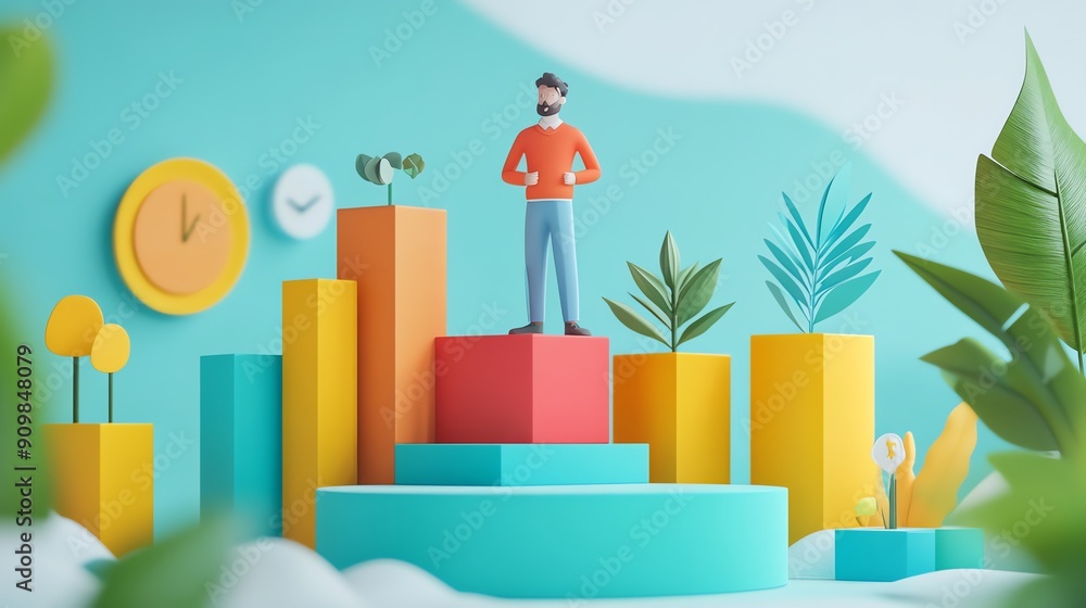 Aufkleber 3d illustration of a man standing on a platform with plants and colorful geometric shapes.