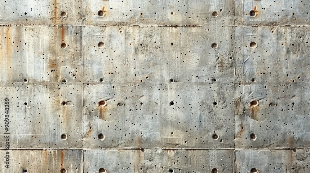 Poster textured concrete wall displaying rust and weathering after years of exposure to elements