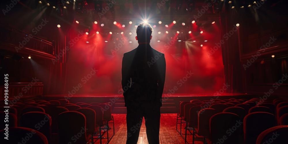 Poster man on a stage receiving applause.