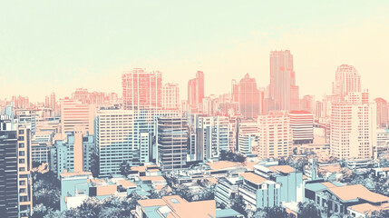 Fototapeta premium Risograph artsy riso print travel poster, card, wallpaper or banner illustration, modern, isolated, clear, simple of Bangkok, Thailand. Artistic, screen printing, stencil