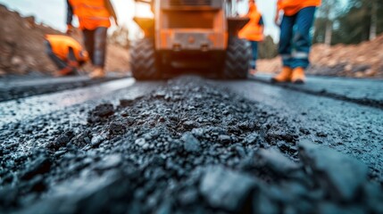 Road Construction Workers Paving Asphalt on a New Road with Heavy Machinery in the Background