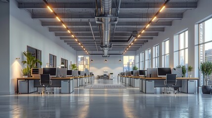 Modern Office Interior Design Featuring Spacious Layout and Natural Light in Urban Environment
