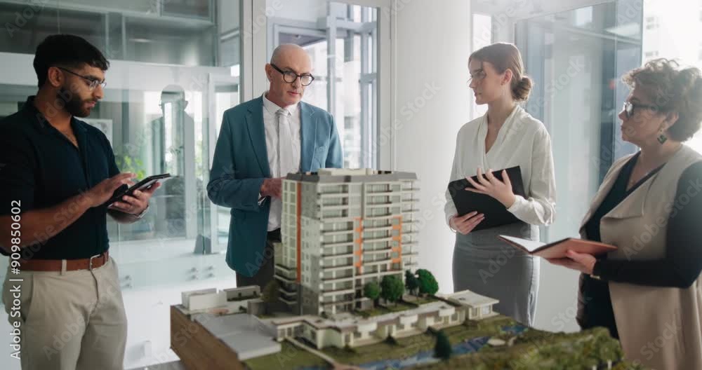 Aufkleber People, meeting and conversation for architecture in office, model maker and innovative design process. Property development, engineering and building or 3d prototype, project and professional