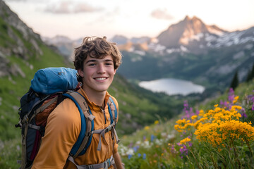 Naklejka premium Young male hiker with backpack smiling at camera in alpine meadow with mountain landscape and wildflowers at sunset, Copy Space
