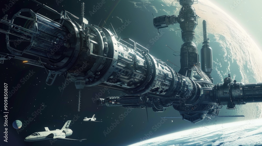 Aufkleber a spacious station floats in orbit, surrounded by spacecraft and a distant planet, depicting advance