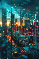Fototapeta premium Futuristic Cityscape with Digital Data Overlay and Abstract Light Patterns Reflecting on Glass