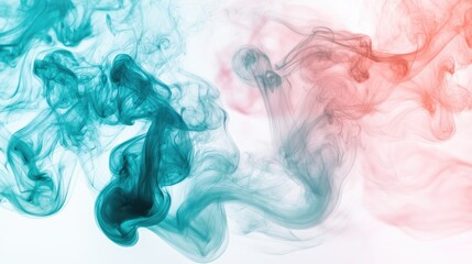 Fototapeta premium A blend of turquoise and pink smoke swirls on a white background, creating a vibrant and playful aesthetic.