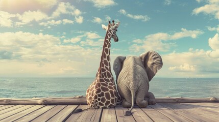An elephant and a giraffe sit on a platform by the sea, with a peaceful ocean view and three small boats. The illustration exudes tranquility and companionship. © COK House