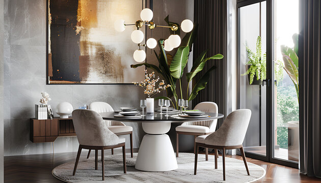 Modern dining space with round table upholstered chairs statement light fixture