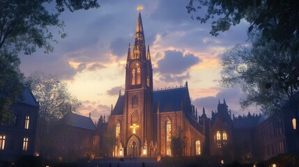A grand Gothic church with a tall spire and a golden cross, illuminated by the warm glow of evening light
